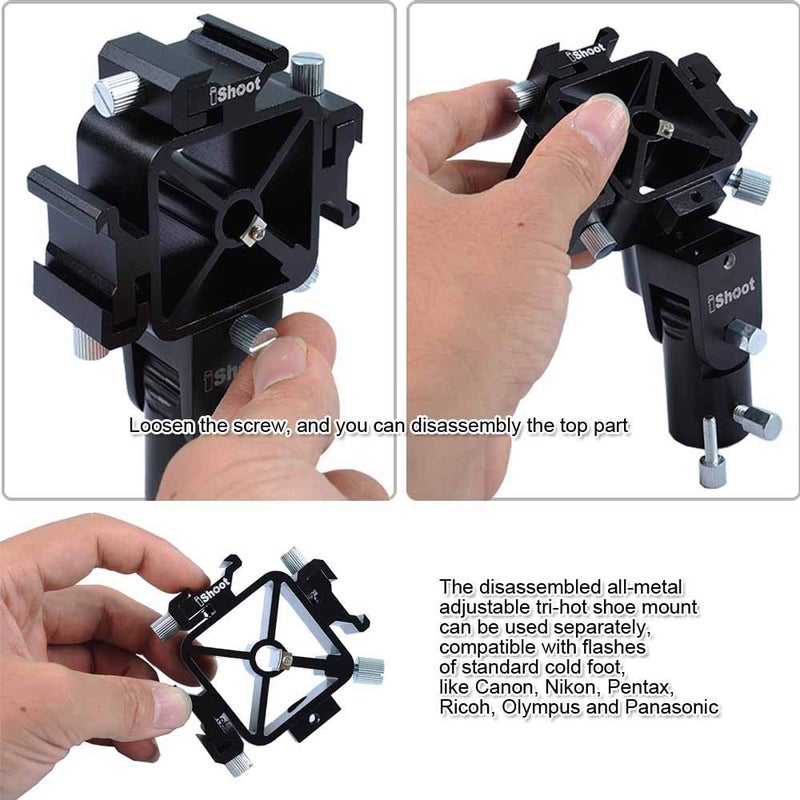 iShoot Universal 3-in-1 Tri-Hot Shoe Mount Flash Bracket Holder with 2 Umbrella Hole for Light Stand Camera Tripod Reflective Umbrella Studio Flash Soft Box Speedlite Diffuser - Image 4